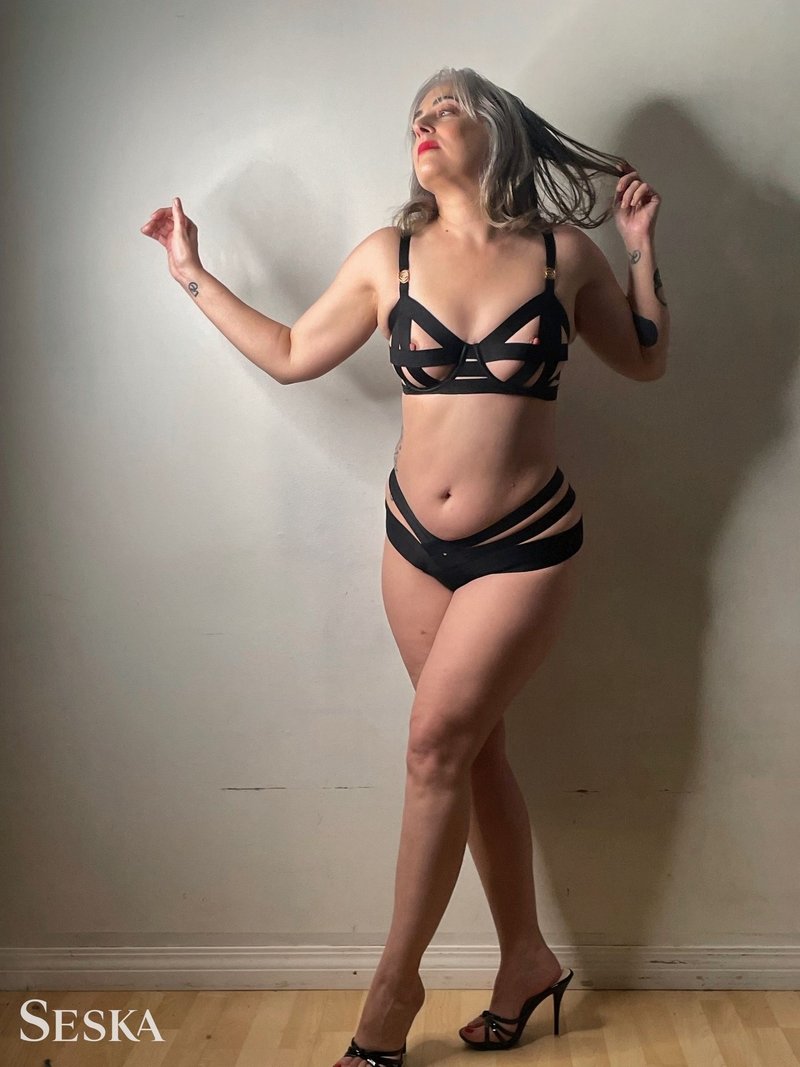 Seska in Black Lingerie and Open Toe High Heels